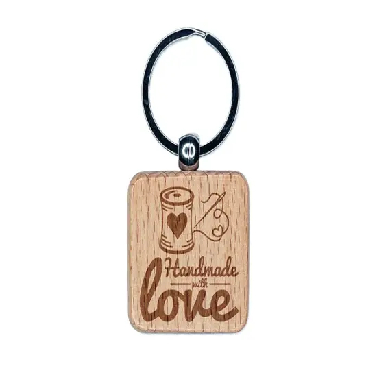 Handmade With Love Sew Sewing Thread Spool Engraved Wood Square Keychain Tag Charm {1}