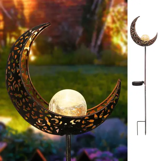 Moon Solar Garden Lights Outdoor Stakes, Waterproof Crackle Glass Metal Decorative Lights for Lawn, Patio Accessories, Yard Decor, Christmas Gift (Bronze) {3}