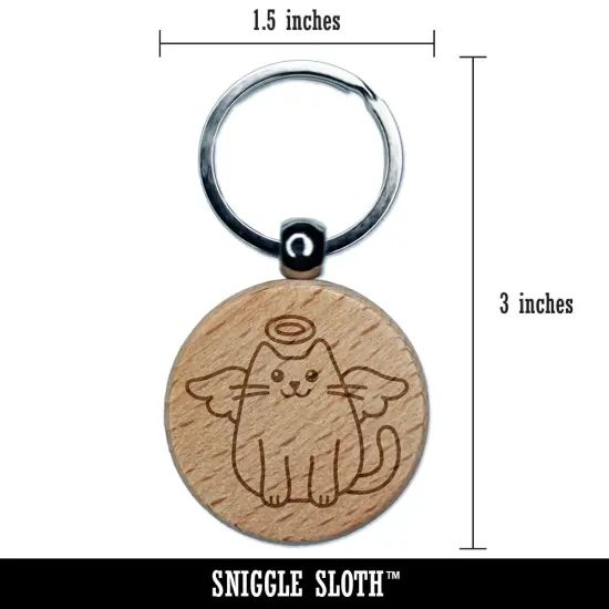 Cat Angel Engraved Wood Round Keychain Tag Charm {2}