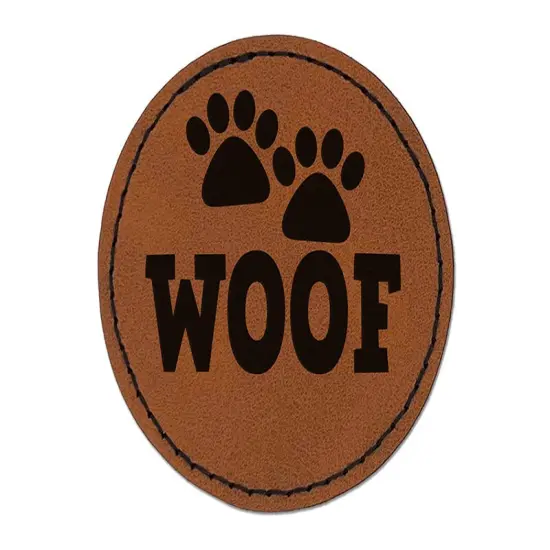 Woof Dog Paw Prints Fun Text Round Iron-On Engraved Faux Leather Patch Applique - 2.5" Brown {1}