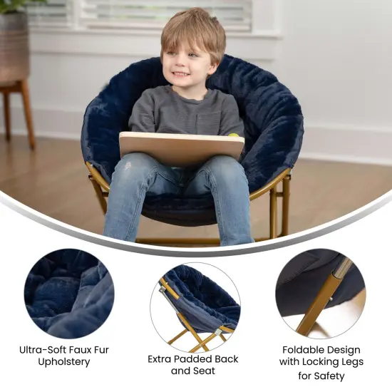 Emma and Oliver Io Kid's Folding Saucer Chair with Cozy Faux Fur Upholstery and Metal Frame for Playroom, Bedrooms, Nursery and More NavyFauxFur/SoftGold {2}