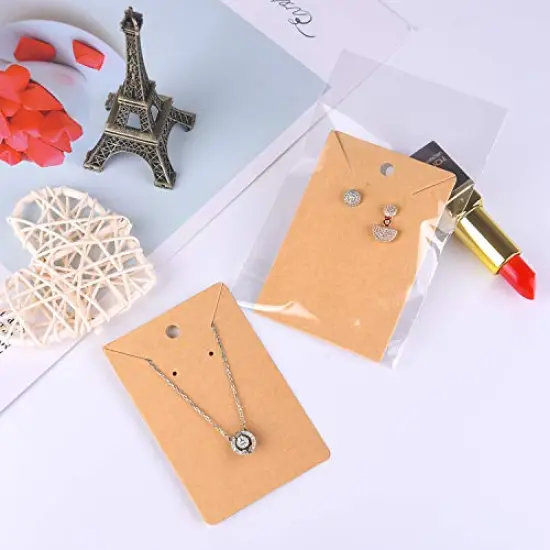 150 Set Earring Card with 150 Pieces Bags, Earring Card Holder Blank Kraft Paper Tags for DIY Ear Studs Necklace Jewelry Display (Brown) {3}