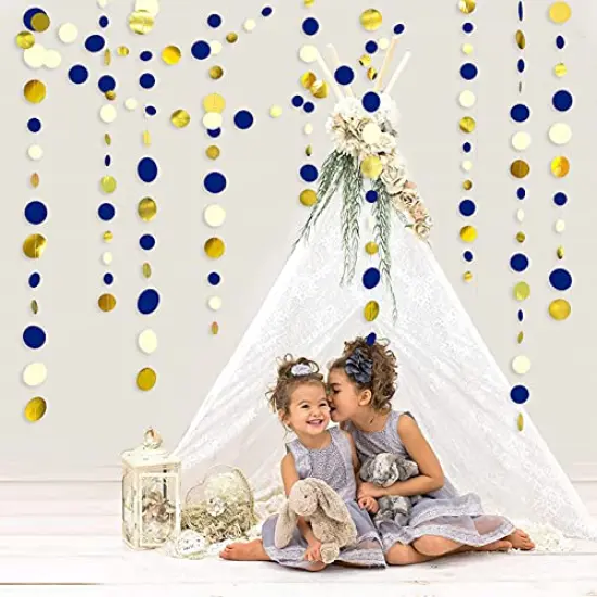 4 Set of Royal blue gold - 46 Ft Navy Blue and Gold Circle Dots Garland Royal Blue Hanging Paper Polka Dot Streamer for Birthday Wedding Bridal Baby Shower Graduations Nautical Ahoy Achor Pirate Theme Party Decorations Supplies {4}