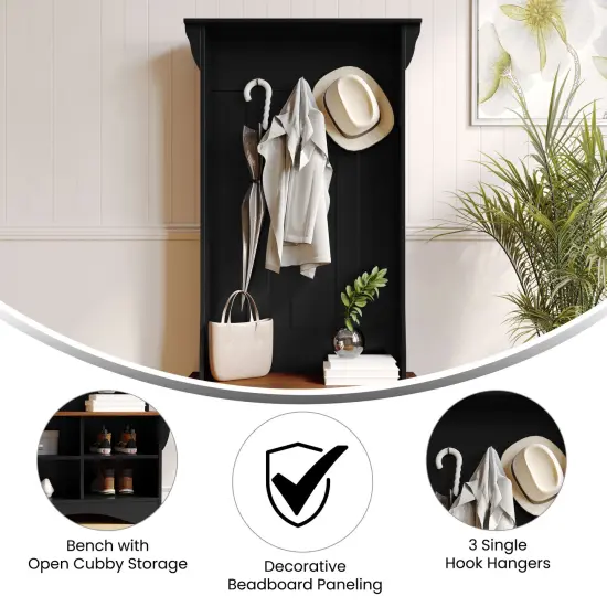 Merrick Lane Whitman Hallway Tree with Bench Seating, 3 Single Coat Hooks and Lower Storage with Adjustable Shelves Walnut/BlackFrame {2}