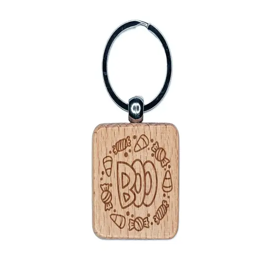 Boo Halloween Candy Engraved Wood Square Keychain Tag Charm {1}