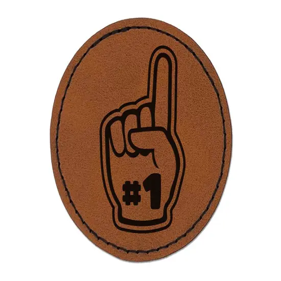 Foam Finger Sports Number One Fan Round Iron-On Engraved Faux Leather Patch Applique - 2.5" Brown {1}