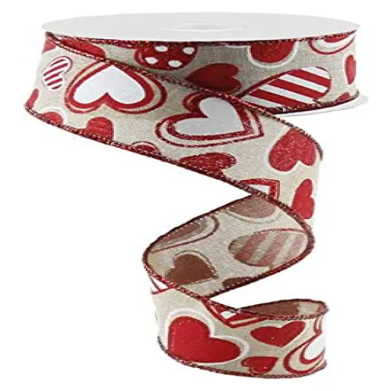 10 Yards Patterned Hearts Canvas Wired Edge Ribbon - (Natural, White, Red, 1.5") {1}