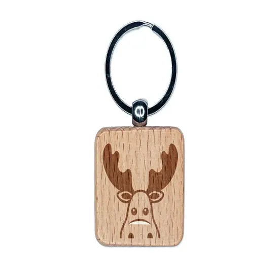 Peeking Moose Engraved Wood Square Keychain Tag Charm {1}
