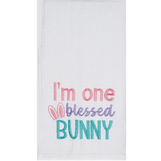 "I'm One Blessed Bunny" Easter Rabbit Embroidered Cotton Waffle Weave Kitchen Dishtowel {1}
