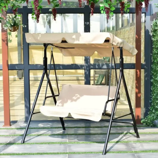 2-Seat Outdoor Swing Chair with Canopy, Cushions, Steel Frame, 440 lbs Capacity Beige {2}