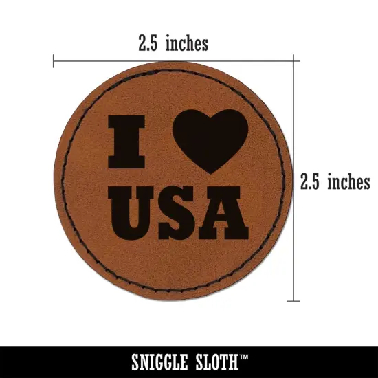 I Love Heart USA United States of America Patriotic Round Iron-On Engraved Faux Leather Patch Applique - 2.5" Brown {3}