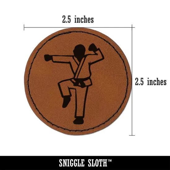 Kung Fu Martial Arts Hang Stance Karate Gi Round Iron-On Engraved Faux Leather Patch Applique - 2.5" Brown {3}
