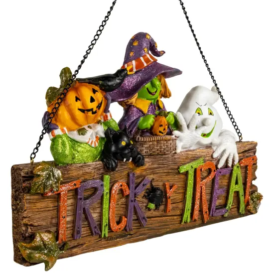 Northlight Trick or Treat Jack O' Lantern Ghost and Witch Halloween Wall Sign - 13.5" Multi {5}