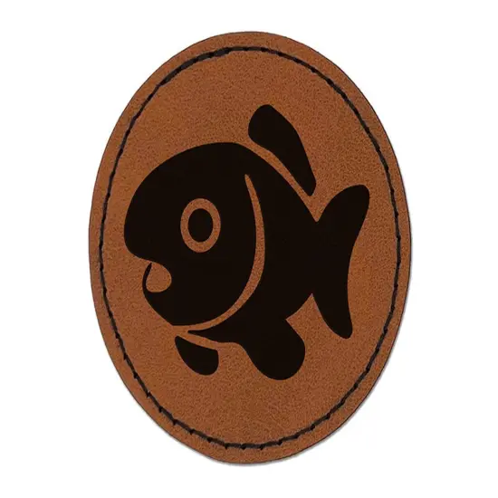 Cute Fish Round Iron-On Engraved Faux Leather Patch Applique - 2.5" Brown {1}