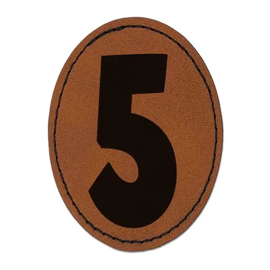 Number 5 Five Fun Bold Font Round Iron-On Engraved Faux Leather Patch Applique - 2.5" Brown {1}