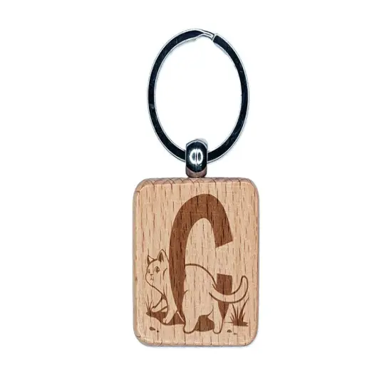 Animal Alphabet Letter C for Cat Engraved Wood Square Keychain Tag Charm {1}