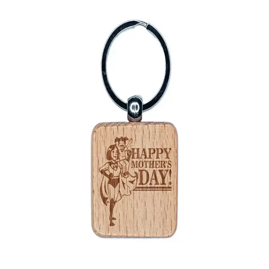Happy Mother's Day Superhero Mom with Cape Engraved Wood Square Keychain Tag Charm {1}