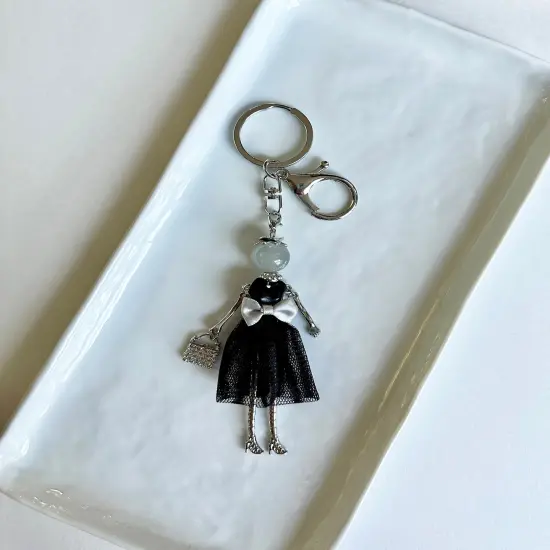Wrapables Hanging Fashionista Doll Keychain, Crystal Rhinestone Keyring Bag Charm, Black Bow {4}