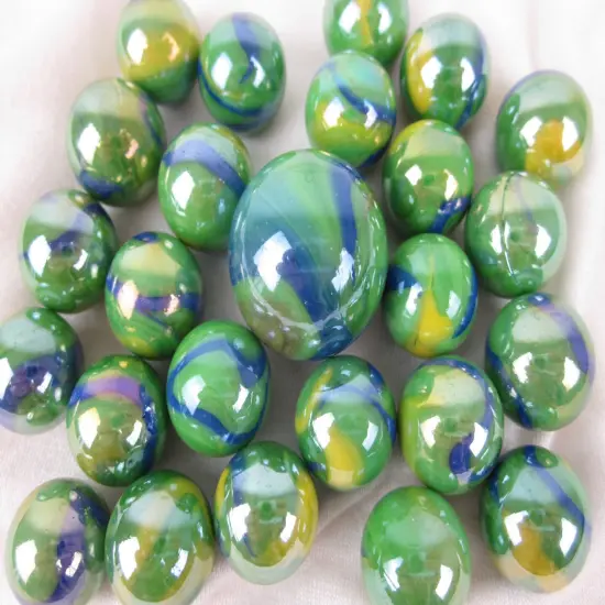 25 Glass Marbles PEACOCK iridescent Green Blue Yellow Game Pack Shooter Swirl {4}