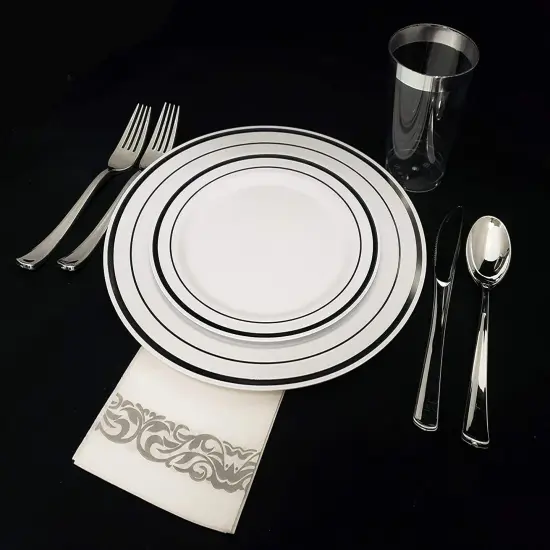 60 Silver Plastic Plates Disposable Heavy Duty Premium Plastic Plates, 30 Plastic Dinner Plates + 30 Dessert Appetizer Plates for Weddings, Fancy Disposable Plates for Party White Plastic Plates {3}