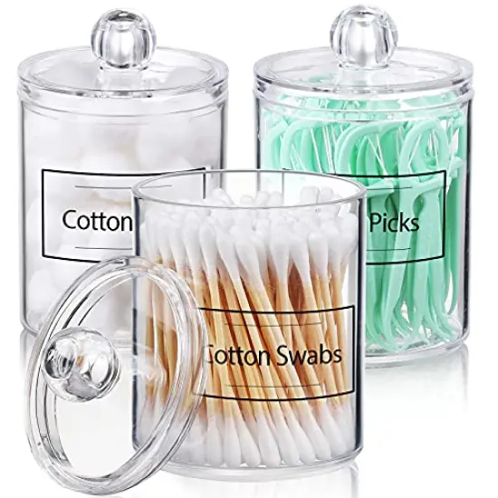 AOZITA 3 Pack Qtip Holder Dispenser for Cotton Ball, Cotton Swab, Cotton Round Pads, Floss - 10 oz Clear Plastic Apothecary Jar Set for Bathroom Canister Storage Organization, Vanity Makeup Organizer {2}