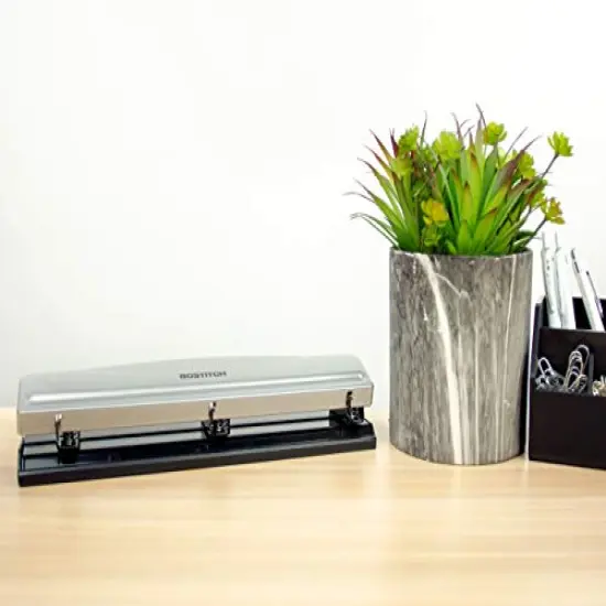 Office Premium 3 Hole Punch, 12 Sheet Capacity, Metal, Rubber Base, Easy-Clean Tray, Silver {3}
