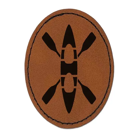 Double Kayak with Crossed Paddles Round Iron-On Engraved Faux Leather Patch Applique - 2.5" Brown {1}