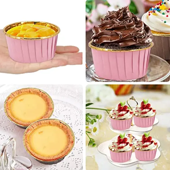 100 Sets Cupcake Liners And Wrapers With Lids ,5.5 Oz Large Foil Muffin Tins Or Liners,Disposable Baking Cups, Cupcake Wrappers Holders For Wedding Valentine-Pink in gold {4}