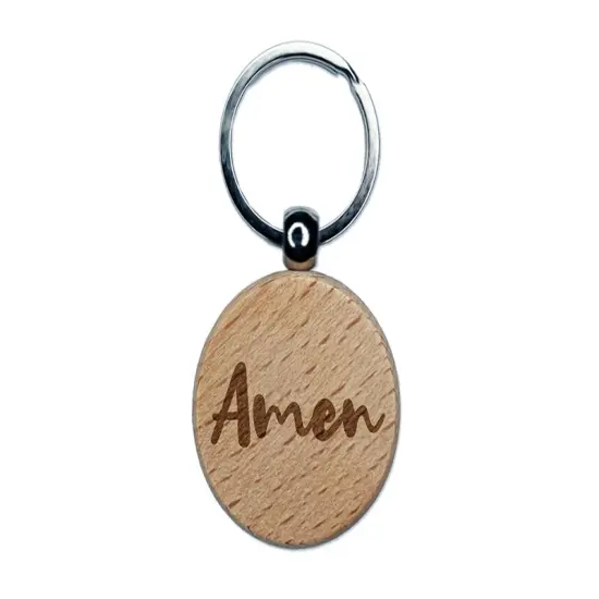 Amen Cursive Fun Text Prayer Praying Engraved Wood Round Keychain Tag Charm {1}