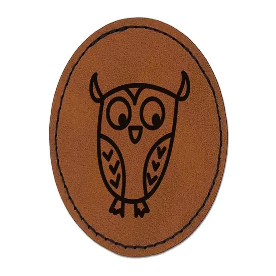 Wary Owl Round Iron-On Engraved Faux Leather Patch Applique - 2.5" Brown {1}