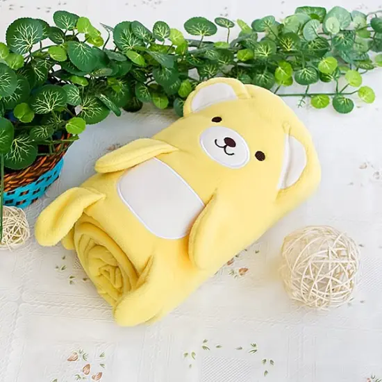 Happy Bear Embroidered Applique Coral Fleece Baby Throw Blanket Yellow {1}