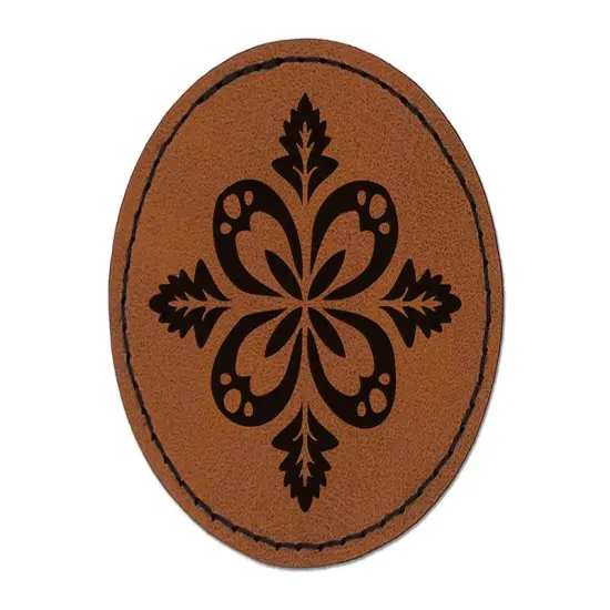 Forest Flower Petal and Leaf Design Round Iron-On Engraved Faux Leather Patch Applique - 2.5" Brown {1}