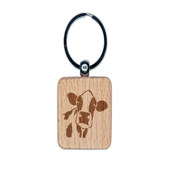 Silly Cow Face Engraved Wood Square Keychain Tag Charm {1}