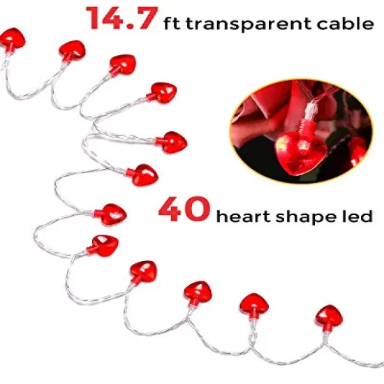 14.5ft 40 LED Valentines Day Decorations String Lights, Heart Shape Hanging Garland Valentines Day Decor for Indoor Outdoor Home Room Party Wedding {6}