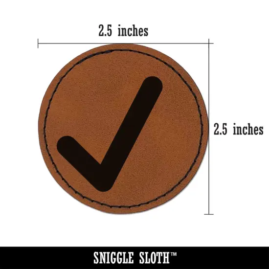 Check Mark Symbol Round Iron-On Engraved Faux Leather Patch Applique - 2.5" Brown {3}