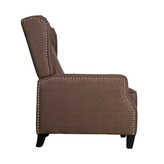 Emma and Oliver Leeds Fabric Upholstered Easy Push Back Recliner - Classic Wingback Design with Nailhead Accent Trim and Footrest Brown {5}