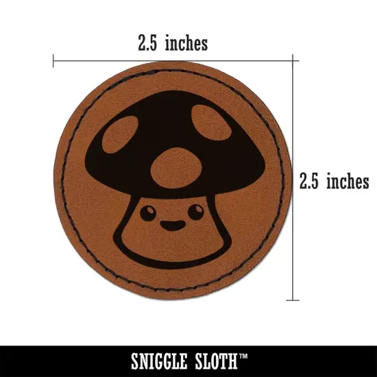 Cute Kawaii Toadstool Mushroom Round Iron-On Engraved Faux Leather Patch Applique - 2.5" Brown {3}