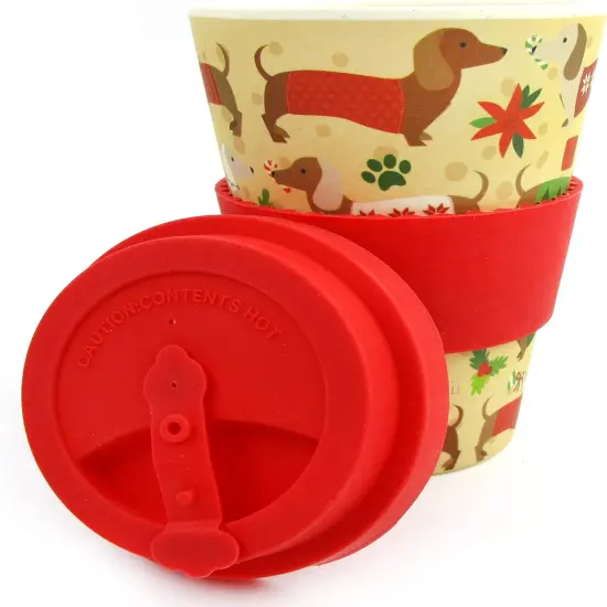 TINYMILLS Eco-Friendly Reusable Plant Fiber 14 oz Travel Mug with Christmas Wiener Dog Design {2}