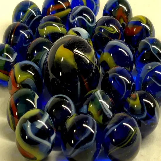 25 Glass Marbles ECLIPSE Cobalt Blue Red Yellow Transparent Shooter {2}