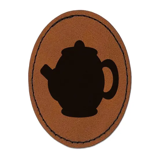 Teapot Kettle Solid Round Iron-On Engraved Faux Leather Patch Applique - 2.5" Brown {1}