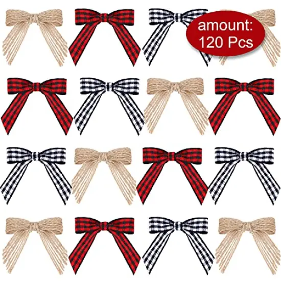 Christmas Mini Burlap Bow Buffalo Plaid Bow White and Black Checkered Bows Red and Black Gingham Ribbon Bows Farmhouse Home Decoration for Christmas Tree DIY Crafts, 3 Colors (120 Pieces) {6}