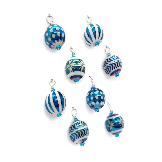 Miniature Christmas Tree Ornaments in Blue Glass, 8 pieces with Hooks, Adorabilities {1}