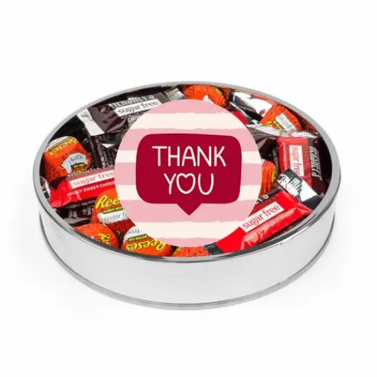 Valentine's Day Sugar Free Chocolate Gift Tin Large Plastic Tin with Sticker and Hershey's Candy & Reese's Mix - Thank You Gift {1}