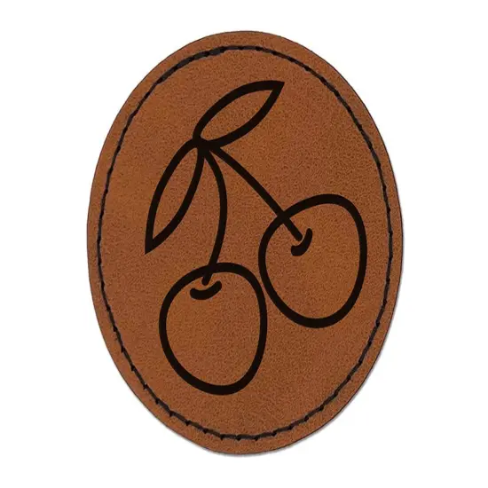 Pair of Cherries Outlined Round Iron-On Engraved Faux Leather Patch Applique - 2.5" Brown {1}