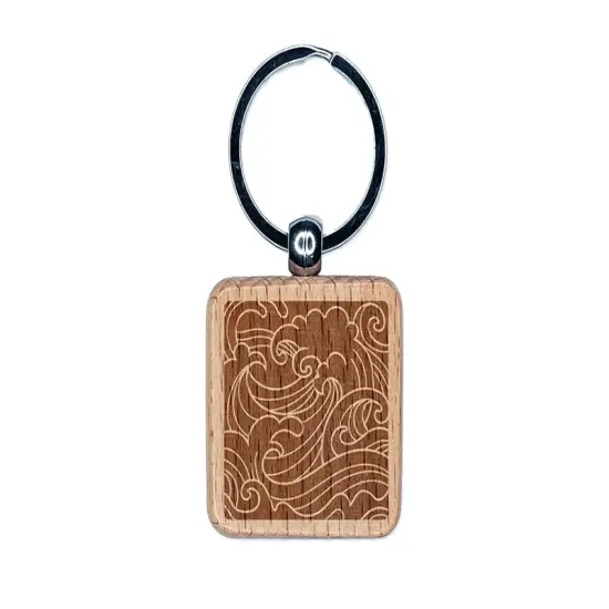 Japanese Ocean Waves Engraved Wood Square Keychain Tag Charm {1}