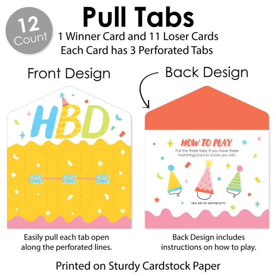 Big Dot of Happiness Party Time - Happy Birthday Party Game Pickle Cards - Pull Tabs 3-in-a-Row - Set of 12 {7}