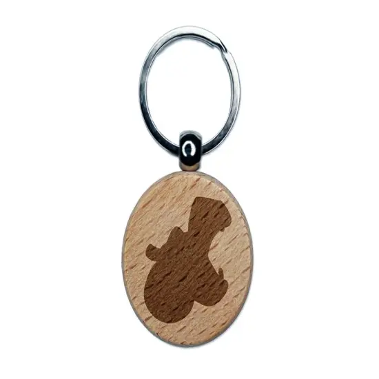 Hippopotamus Head Solid Engraved Wood Round Keychain Tag Charm {1}