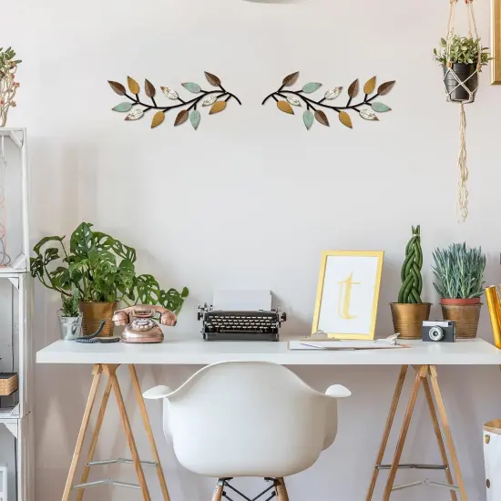 2 PCS Metal Tree Leaf Wall Decor Vine Olive Branch Leaf Wall Art Wrought Iron Scroll Above The Bed, Living Room, Outdoor Decoration (Bright Colors) {4}