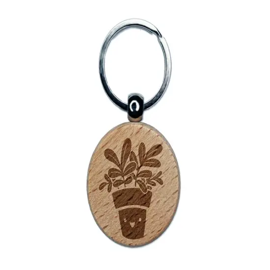 Happy Potted Plant Engraved Wood Round Keychain Tag Charm {1}