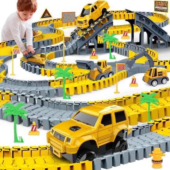 Toys 253 Pieces Race Tracks Toy for 3 4 5 6 7 8 Year Old Boys Girls, 5 PCS Truck Car and Flexible Track Play Set Create A Engineering Road Games Toddler Best Gift {2}